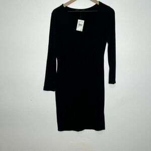 Fraiche By J Womens Asymmetrical Neck Long Sleeve Stretch Dress Black M NWT
